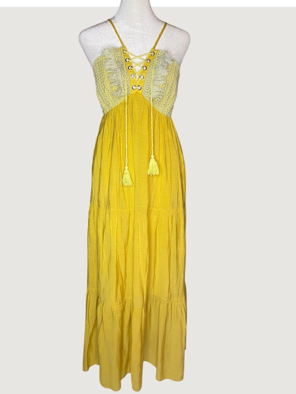 Yellow Tiered Lace-Up Corset Embellished Smocked Maxi Dress - Size S